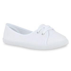 Mytrendshoe Sportliche Damen Ballerinas Stoff Slipper Sneaker Flats Schnürer 71109, Farbe: Weiß, Größe: 38