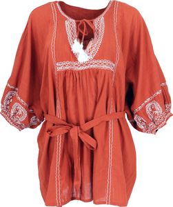 Besticktes Boho Baumwoll-Minikleid mit Gürtel, Kaftan, Maxitunika - Rostorange, Damen, Baumwolle, Kleider