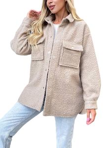 Damen Übergangsjacken Einbrustmäntel Lässige Bluse Lose Revershemd Fleece Jacke Aprikose,Größe XL