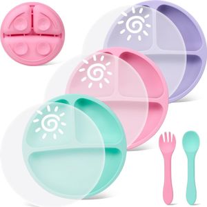 Silikon Baby Teller mit Saugnapf und Deckel, Sonne Muster Geteilte Kindergeschirr Set mit Gabeln und Löffel, BPA-Frei Babyteller Kinderteller, 3 Stück (Grün/Lila/Rosa)