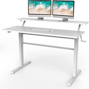 Stehender Schreibtisch / Arbeitsplatz / Sitz, hoehenverstellbar, 2 Stufen, 75 – 113 cm, mit klappbarer Kurbel (Weiss)