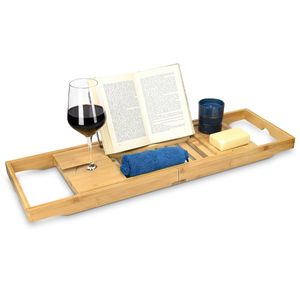 Navaris Bambus Badewannenablage ausziehbar - mit Buch iPad Stopper Handy Ablage Weinglas Halterung - Tablett für die Badewanne - aus Holz in Braun