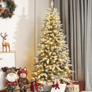 Yorbay 180/210cm Künstlicher Weihnachtsbaum Slim mit Beleuchtung LED Tannenbaum für Weihnachten-Dekoration, Schneebeflockt, Schmal, Weiß(180cm)