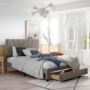 Čalouněná postel Merax 140x200 cm Dvoulůžko s lamelovým roštem, opěradlem a velkou zásuvkou, funkční postel ze sametové tkaniny šetrné k pokožce, šedá