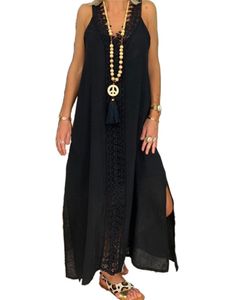 Damen Spitze Solide V-Ausschnitt Ärmelloses Maxikleid Sommer Strand Seitenschlitz Sommerkleid,Farbe: Schwarz,Größe:XL