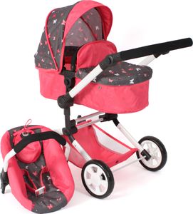 Bayer Chic 2000 - Kombi-Puppenwagen Jara, 3in1 Puppenwagen-Set mit Babywanne, Sportsitz und Puppenautositz, Butterfly Koralle
