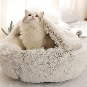 2 v 1 Polouzavřený pelíšek pro kočky, kulatý dlouhý plyšový pelíšek pro kočky, kobliha, 40*40 cm, světle hnědý