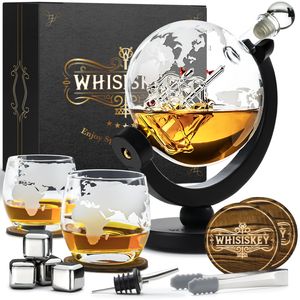 Whisiskey - Whisky Karaffe - Geschenke für Männer - Komplette Whiskey Set - Globus - 900ML – Inkl. 4 Whisky Steine, 2 Whisky Gläser & Ausgießer - Whisky Dekanter  – Whiskygläser