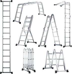 Viacúčelový hliníkový rebrík COSTWAY 7 v 1, skladací rebrík s nastaviteľnou dĺžkou do 370,5 cm, skladací hliníkový rebrík, multifunkčný rebrík s nosnosťou do 150 kg, strieborný
