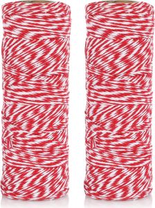 Nordstern Baumwolle Bindegarn 2er Set + 20 Anhänger, Küchengarn, Geschenkband, Bastelschnur, Dekokordel für Geschenke und DIY Basteln - Rot/Weiß 200 m