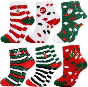 FNCF 6 Paare Weihnachtssocken Damen Kuschelsocken Flauschige Socken Weihnachten Socken Lustige Winter Warme Bettsocken Adventkalender Socken Christmas Wichtelgeschenk Geschenk für Frauen Damen
