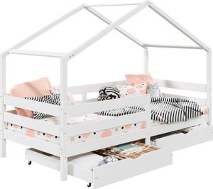 Hausbett ENA aus massiver Kiefer, schönes Montessoribett in 90 x 200 cm, Kinderbett mit Rausfallschutz, stabiles Spielbet mit Dach und 2 Schubladen in weiß