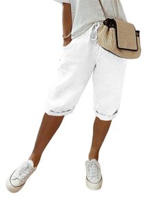 ASKSA Damen Sommer Leinenhose Luftig Hohe Taille Caprihose Locker Elastisch Strandhose Kurzehose, Weiss, Groesse: S