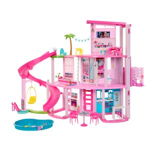 Barbie-Traumvilla, Poolparty Puppenhaus mit mehr als 75 Teilen und Rutsche über 3 Etagen, Barbie Haus-Spielset, Haustieraufzug und Spielbereiche für die Hündchen