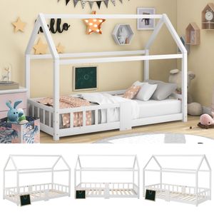 Flieks Dětská postel 90x200 cm Domeček s ochranou proti pádu a panelem, moderní postel na hraní Podlahová postel Postel z borovicového dřeva do dětského pokoje, bílá