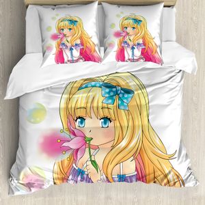 ABAKUHAUS Anime Bettbezug, Manga Cartoon-Grafik, Milbensicher Allergiker geeignet mit Kissenbezügen, 155 cm x 220 cm - 80 x 80 cm, rosa Gelb