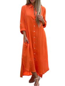 Damen Sommerkleider Langes Kleider Reverskragen Einfarbig Maxikleider Strandkleid Orange,Größe 4XL