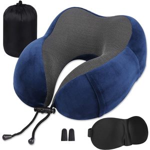 Nackenkissen Set mit 3D Schlafmaske und Ohrstöpsel - abnehmbarer Bezug - Memory Schaum - Reißverschluss - inkl. Aufbewahrungstasche - Reisekissen -Farbe:blau