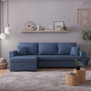 Selsey Ecksofa DERDURA - Schlafcouch mit wasserbeständigem Veloursbezug in Melange Dunkelblau, Bettkasten, Ottomane beidseitig montierbar, 230 cm breit