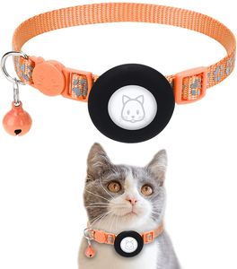 2 in 1 Airtag Katzenhalsband, 22-35cm Verstellbares Nylon Reflektierendes Hundehalsband mit Glocken Deko, Airtag Zubehör GPS Finder Haustiere Halsband, für Welpen, Katze -Orange