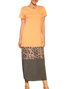 DamenKurzarm Sundress Sommer Maxi Langes Kleid lässige langen Maxikleider,Farbe:Orange,Größe:L