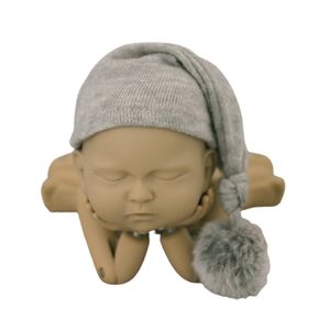 Baby-Fotografie-Hut, gestrickt, Plüschbälle, Uni, einfarbig, langer Schwanz, spitzer Hut für Requisiten, Grau