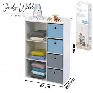 Judy Wild Kinder Holzregal 62 x 29 x H96 cm Kinderregal mit 4 Boxen blau-grau 400116