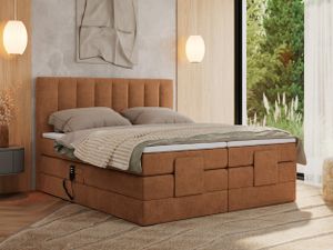 MKS MEBLE Boxspringbett 140x200 elektrisch verstellbar 7-Zonen Taschenfederkern Matratze und Topper Bett 140x200 mit Motor Polsterbett Motorbett - Comforto - Orange Strukture - H3