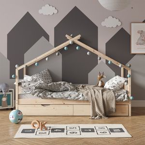 Vitalispa Domečková postel Design, 90x200 cm s lůžkem pro hosty, Přírodní dřevo