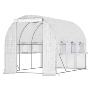 Fóliový skleník Outsunny, tunelový skleník 2,95 x 2 x 2 m, skleník s rolovacím oknem, UV ochrana, větruodolný domek na rajčata, pro zahradu, balkon, ocel, bílý