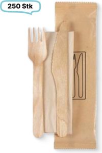 SET: Holzbesteckset Messer und Gabel inkl. Serviette Einwegbesteck, 250 Stk, Holz gewachst, einzeln verpackt