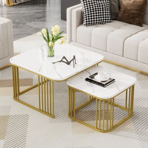 Merax 2er Set Couchtisch mit Marmormuster und Metallrahmen, Beistelltisch hochglänzend, Satztisch Beistelltisch Kaffeetisch, 70x70x45 cm/45x50x36.5 cm