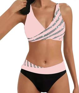 ASKSA Damen Bikini Set Push Up Zweiteiliger Streifen High Waist Badeanzug Sport Bademode, Rosa, 3XL