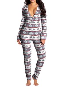 Damen Weihnachten Printed Body Fashion Langarm Bodysuit Freizeithosen,Farbe:Grau,Größe:S