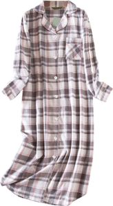 Damen-Nachthemd mit Herz-Karo-Druck, Umlegekragen, einreihig, knielang, mit Brusttasche, lockeres Nachthemd, Herbst-Homewear, Frühlings-Nachtwäsche