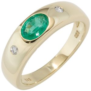 JOBO Damen Ring 585 Gold Gelbgold 1 Smaragd grün 2 Diamanten Brillanten Goldring Größe 60
