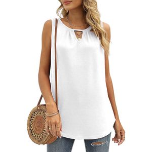Damen Bohemian Rundhalsausschnitt T-Shirt Bequemes Ärmelloses Street Shirt Casual Shirt,Farbe:Weiß,Größe:L