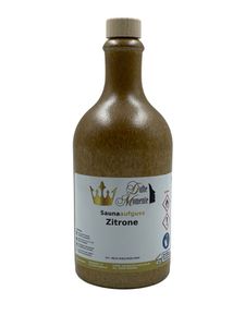 Sauna Aufguss Konzentrat Zitrone - 500ml in braun-christallener Steingutflasche mit Korkmündung