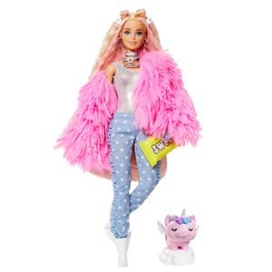 Barbie Extra Puppe (blond) mit flauschiger rosa Jacke, inkl. Haustier