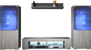 Vladon Wohnwand Nevada V2, Anbauwand bestehend aus 2 Vitrinen, 1 TV-Board und 1 Wandregal Anthrazit matt/Avola-Anthrazit inkl. LED Beleuchtung (304,5 x 141 x 39 cm)