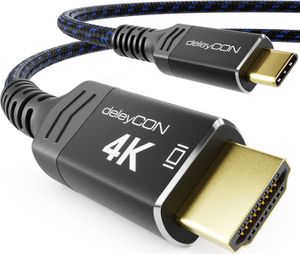 deleyCON 2m 4K USB-C auf HDMI Kabel - 4K@60Hz 2K@120Hz mit Aluminiumstecker & Nylonkabel Kompatibel mit Thunderbolt 3/4 Handy Smartphone Tablet PC Computer uvm. - Schwarz Blau