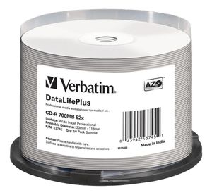 Verbatim DataLifePlus - 50 x CD-R - 700 MB 52x - weiß - mit Tintenstrahldrucker bedruckbare Oberfläche, breite bedruckbare Oberfläche - Spindel