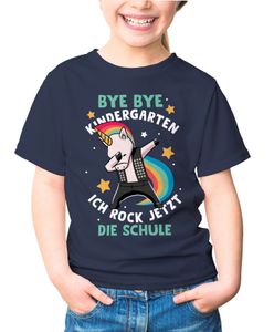 Kinder T-Shirt Jungen Einhorn Bye Bye Kindergarten ich rock jetzt die Schule Geschenk zur Einschulung Schulanfang Moonworks® navy 122-128 (7-8 Jahre)