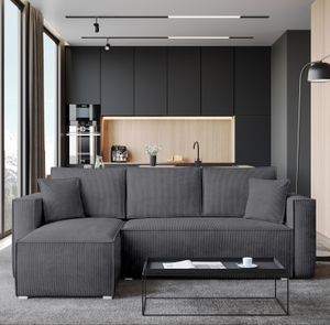BroMARKT Kord Ecksofa TOP mit Schlaffunktion und Bettkasten Kissen Couch Sofa L-Form, Grau