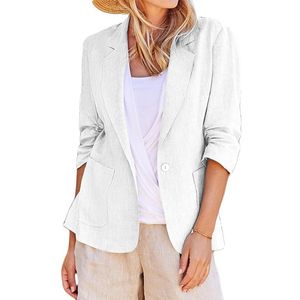 Damen Blazer Casual Cardigan Jacke Elegant 3/4 Ärmel Businessblazer Einfarbig Mantel  Weiß,Größe:L