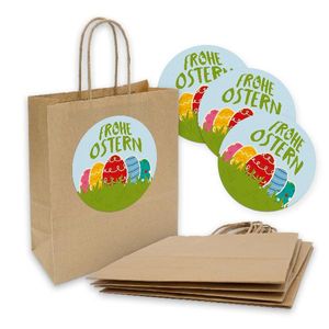 itenga 5x Geschenktüte mit Kordel 18x8x22cm + Sticker Frohe Ostern bunt