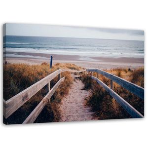 Feeby Wandbild Strand Plattform Dünen Meer 120x80 Leinwandbild auf Vlies Bilder Bild