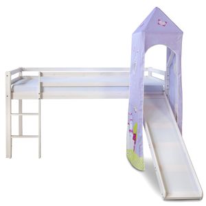 Homestyle4u 1557, Kinderbett 90x200 Weiß Lila, Hochbett mit Rutsche und Turm