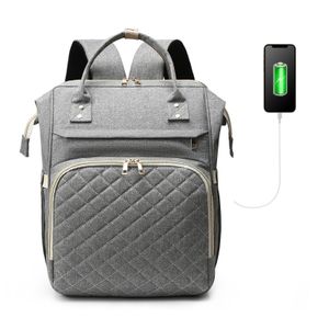 Přebalovací batoh, velký přebalovací batoh s multifunkčními kapsami pro miminko, USB portem pro nabíjení, popruhy na kočárek, 3 termokapsami na kojenecké lahve (světle šedá)