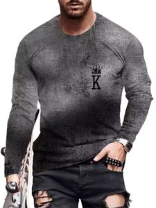 Männer Casual Poker K Farbverlauf T-Shirt Langarm Rundhalsausschnitt Lose Pullover Tops,Farbe: Grau,Größe:M